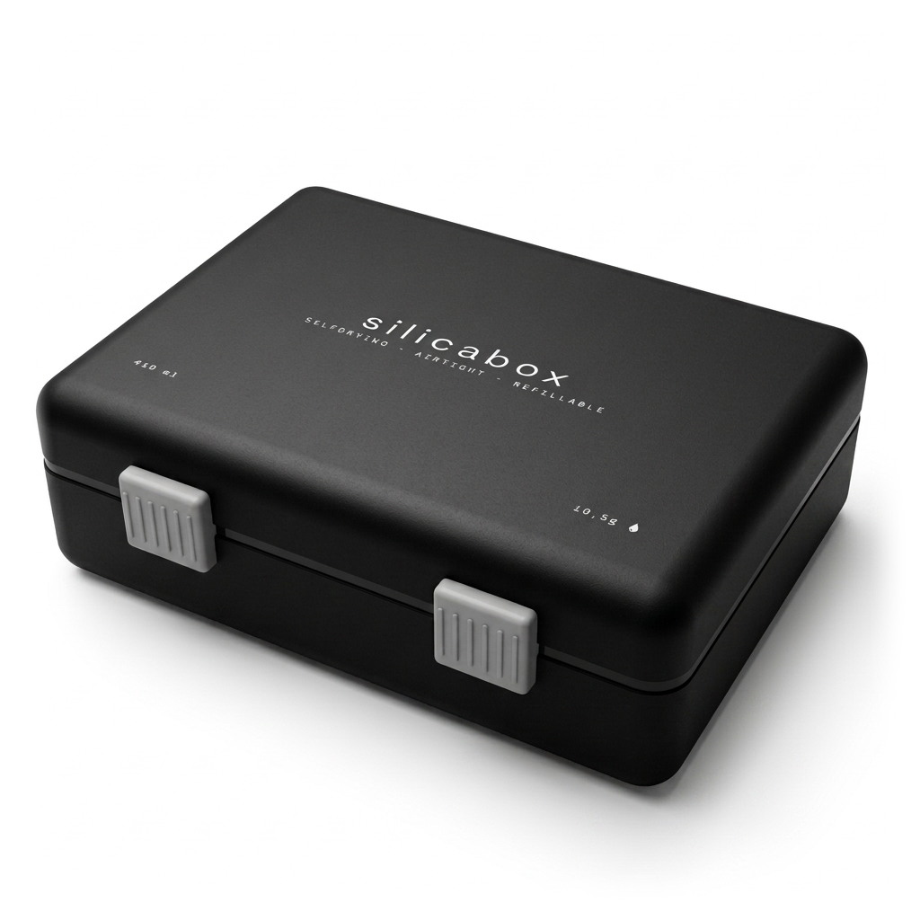 SilicaBox self-drying tackle box, matte black with grey clips, on a white background