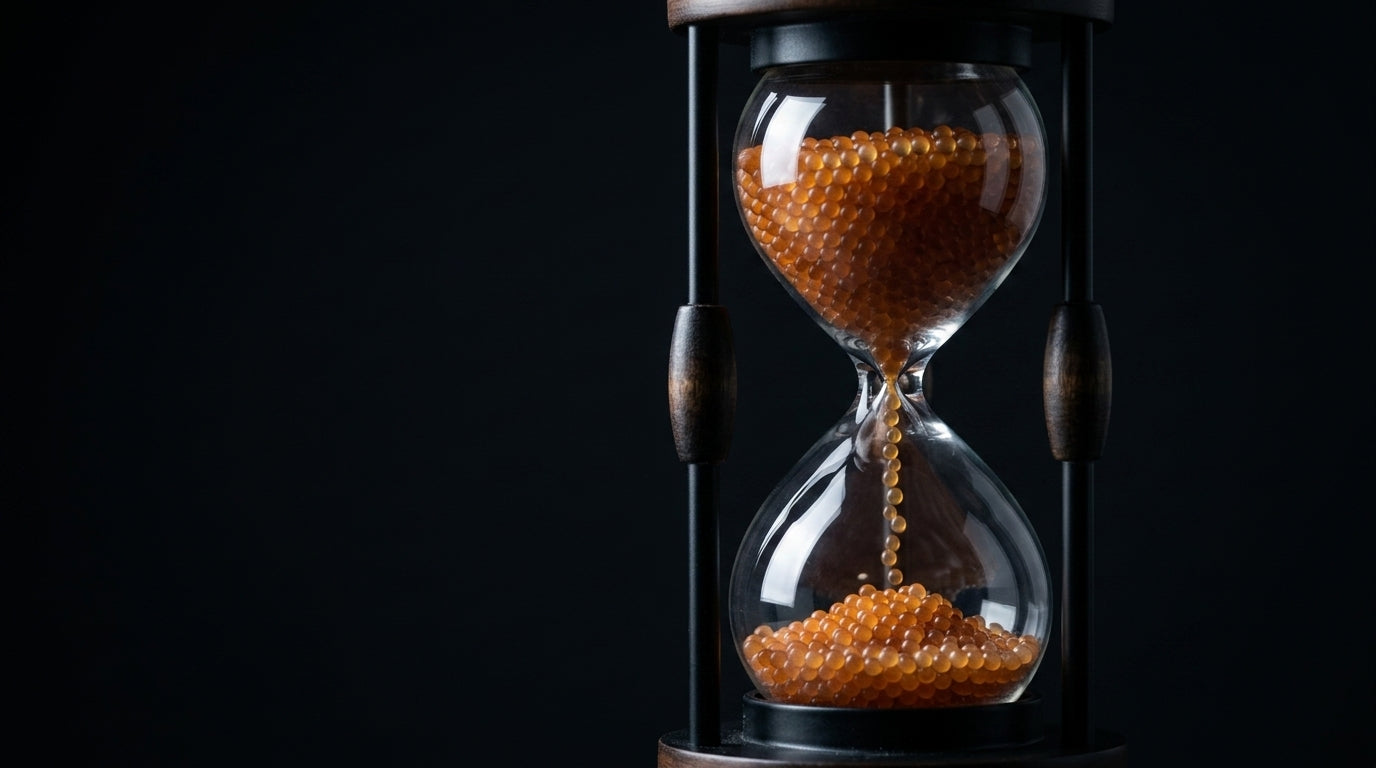Hourglass filled with orange silica gel beads running through the neck, on black