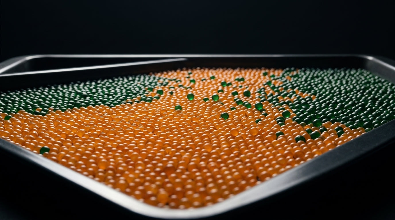 Baking tray covered in a single layer of silica gel beads, mid-recharge: orange in the middle, still green at the edges