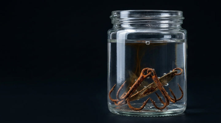 Glass jar of vinegar with rusty fishing hooks and a spoon lure soaking inside, on black