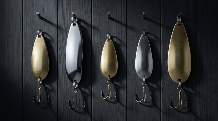 Five spoon lures hanging on hooks against a dark panelled wall in cold winter light