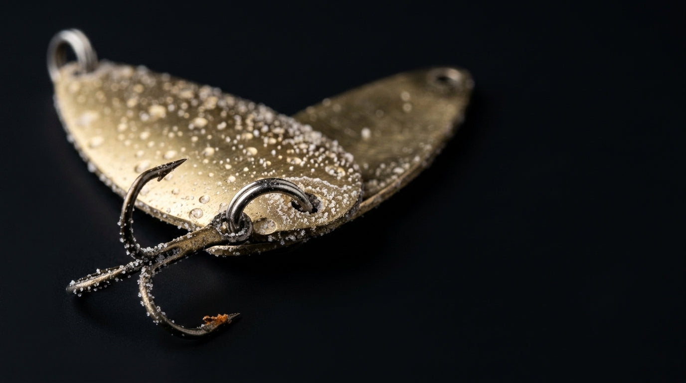Brass spoon lure encrusted with dried white salt crystals and a first spot of orange rust on the treble