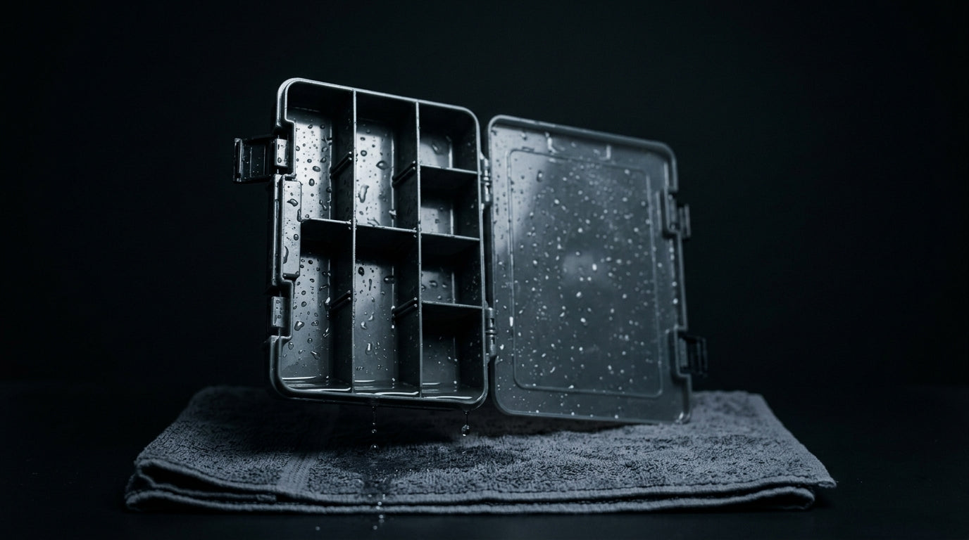 Open plastic tackle box standing on edge on a grey towel, water draining from the wet compartments