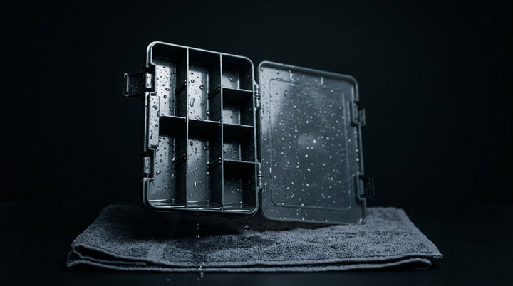 Open plastic tackle box standing on edge on a grey towel, water draining from the wet compartments