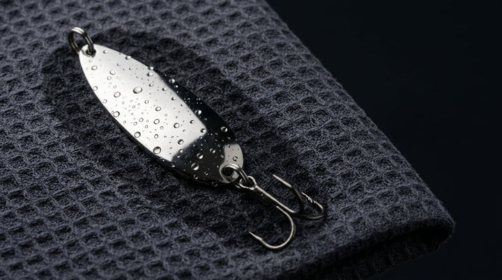 Wet silver spoon lure covered in water droplets lying on a dark charcoal waffle towel