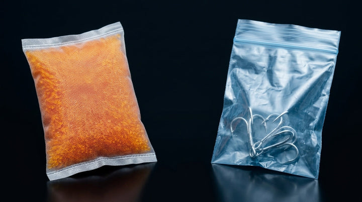 Orange silica gel pouch on the left facing a clear VCI bag holding fishing hooks on the right