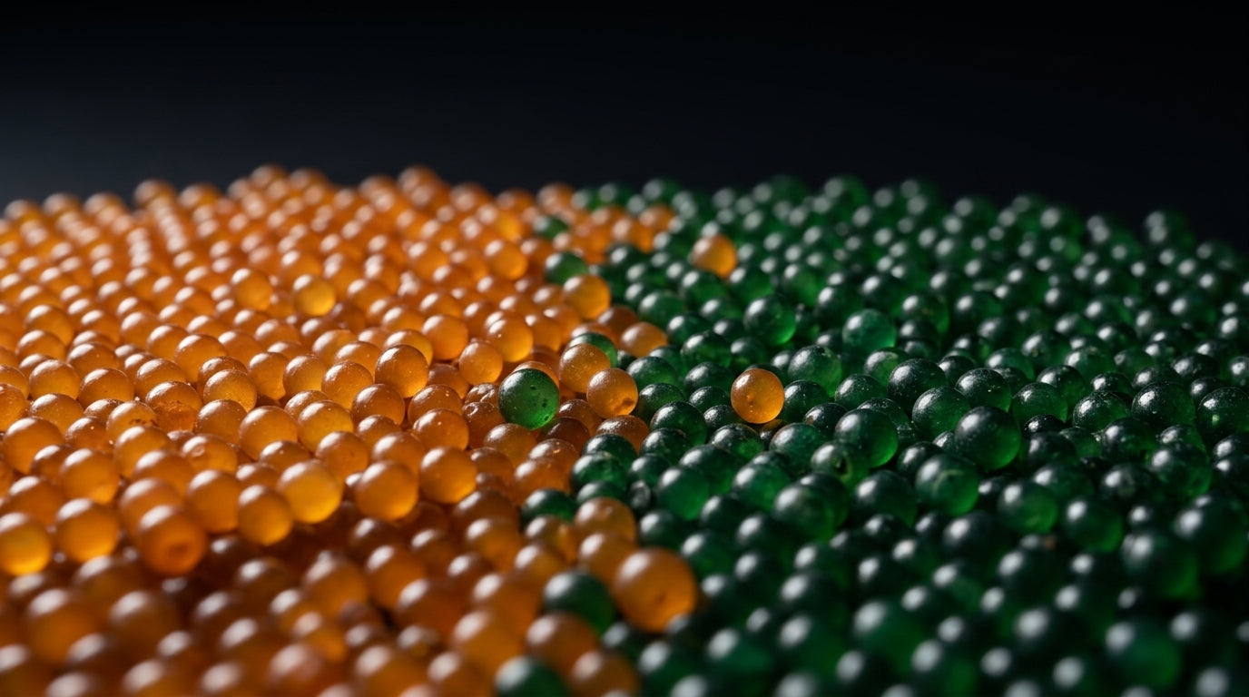 Field of silica gel beads on black, bright orange on the left meeting deep green on the right in a patchy border