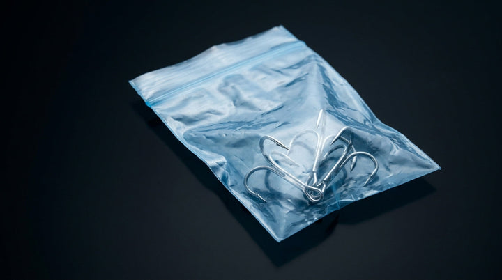 Blue-tinted VCI plastic zip bag with three clean silver treble hooks inside, macro on black