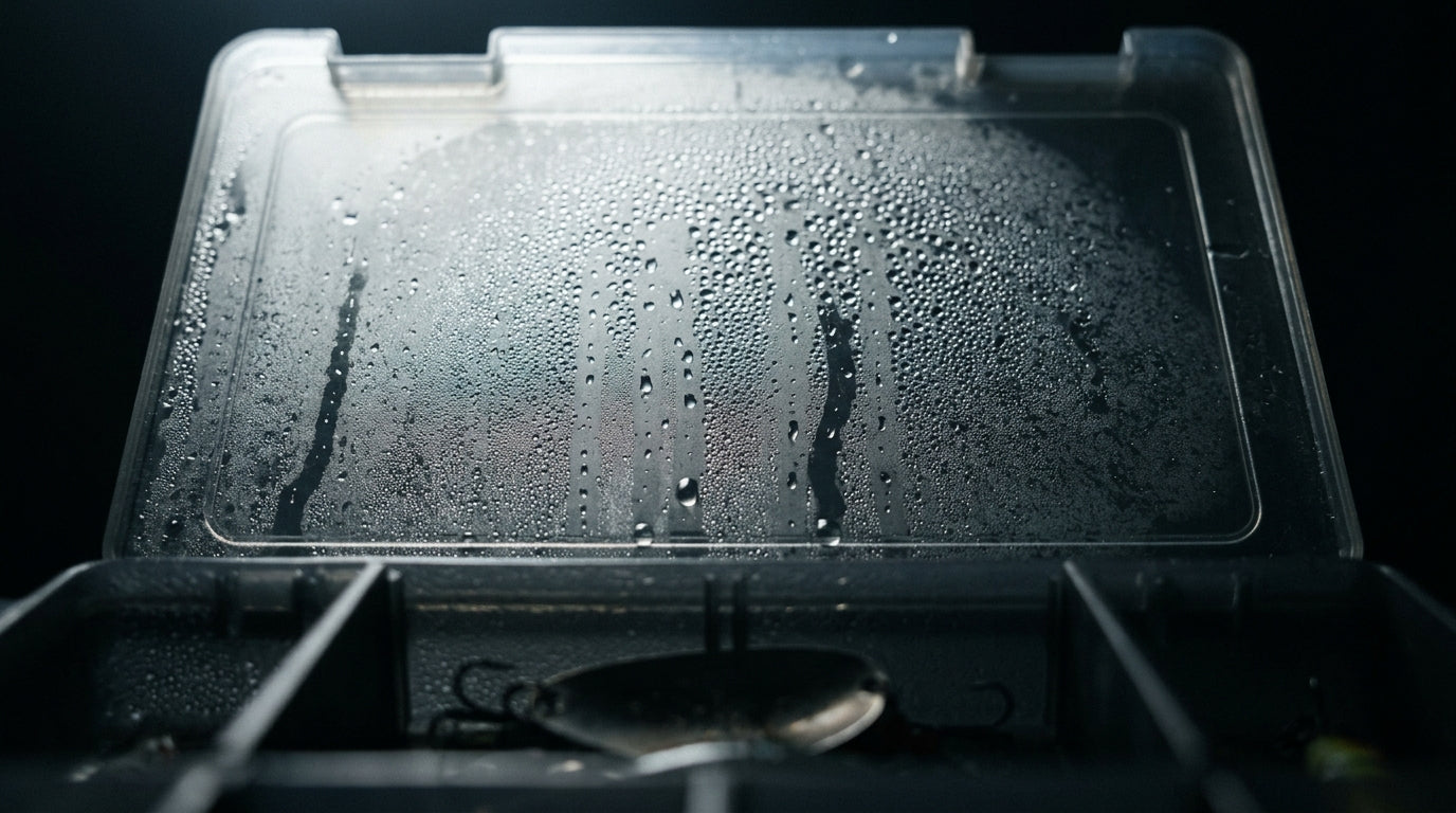 Inside of a tackle box looking up at its clear lid covered in condensation droplets and fog