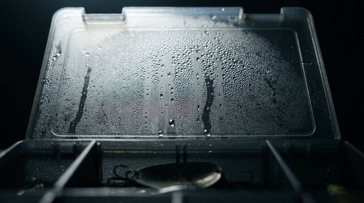 Inside of a tackle box looking up at its clear lid covered in condensation droplets and fog