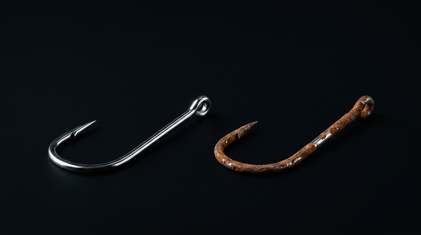A bright new fishing hook lying next to a rusted, blunted one on black