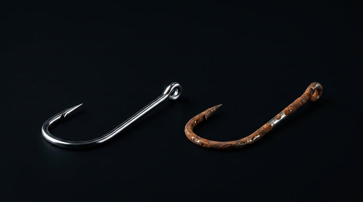 A bright new fishing hook lying next to a rusted, blunted one on black