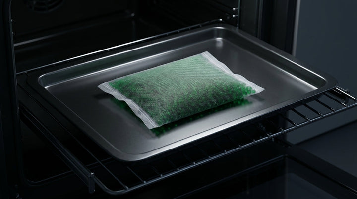 Saturated green silica gel pouch on a baking tray on an oven rack, ready for recharging