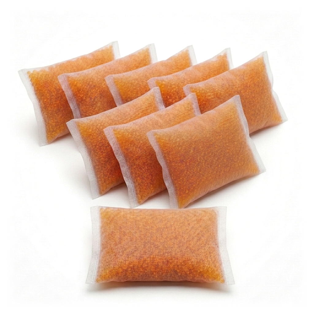 Eight silica pouches, a stacked group with one pouch lying in front, on a white background
